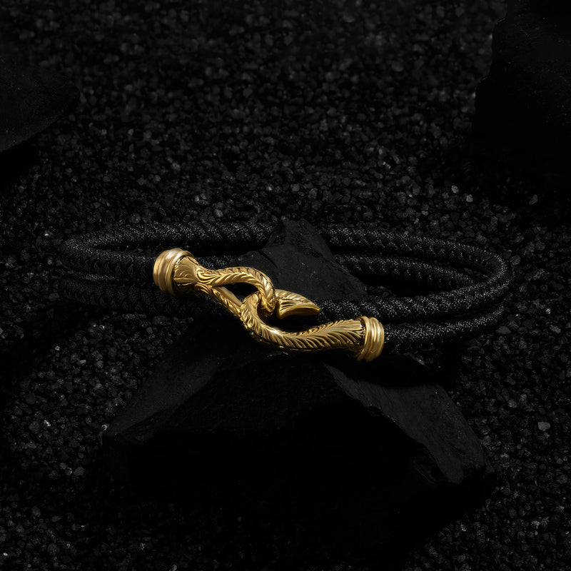 Men's Black Cotton Wrap and Gold Fish Hook Bracelet 
