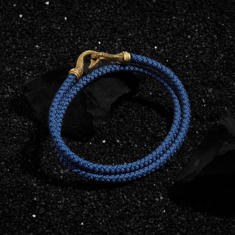 Men's Blue Cotton Wrap and Gold Fish Hook Bracelet 