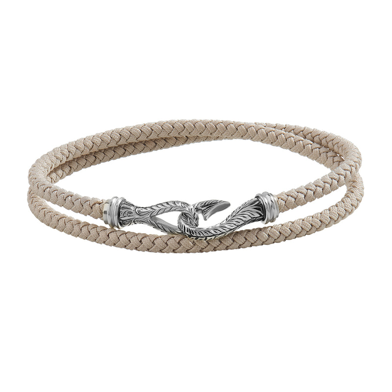 Men's Beige Cotton Wrap Bracelet with Solid White Gold Fish Hook - Atolyestone