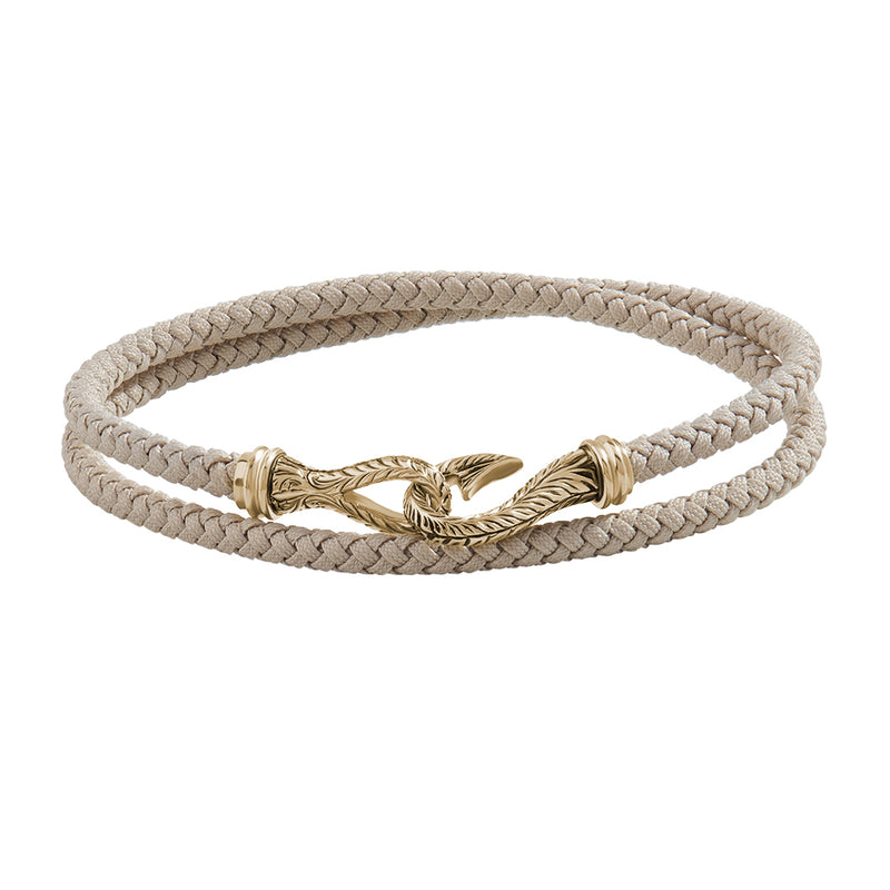 Men's Beige Cotton Wrap Bracelet with Solid Yellow Gold Fish Hook - Atolyestone