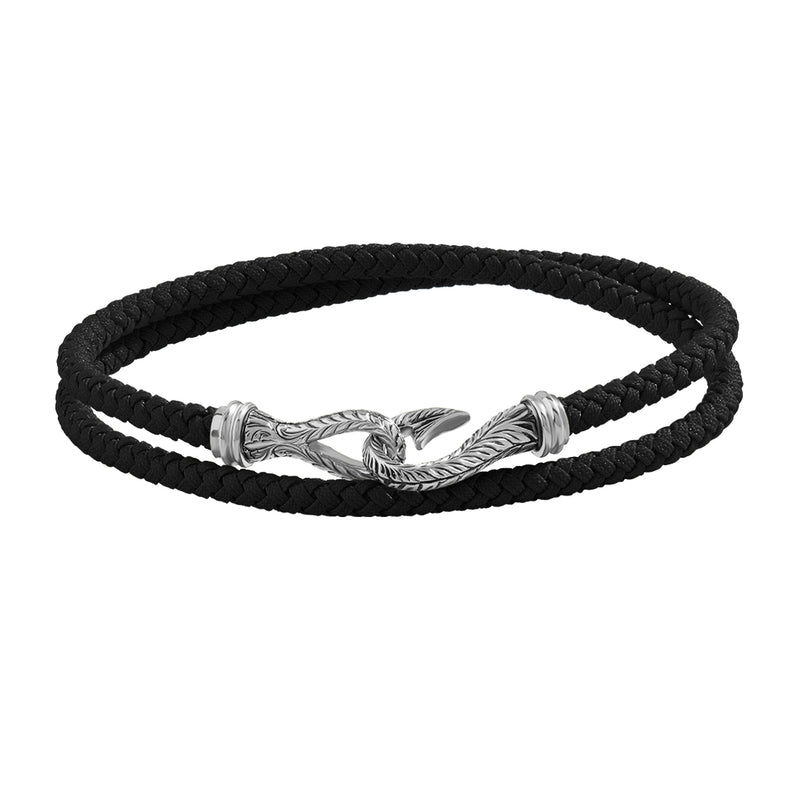 Men's Black Cotton Wrap Bracelet with Solid White Gold Fish Hook - Atolyestone