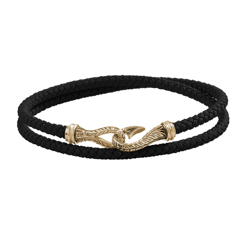 Men's Black Cotton Wrap Bracelet with Solid Yellow Gold Fish Hook - Atolyestone