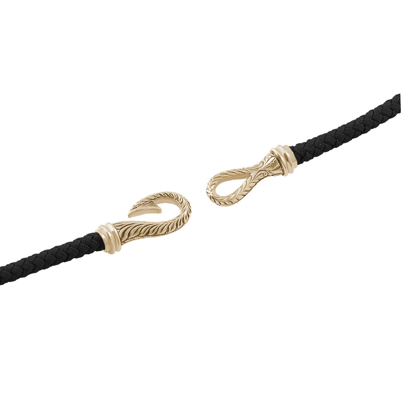 Men's Real Gold Hand-carved Fish Hook Black Cotton Wrap Bracelet