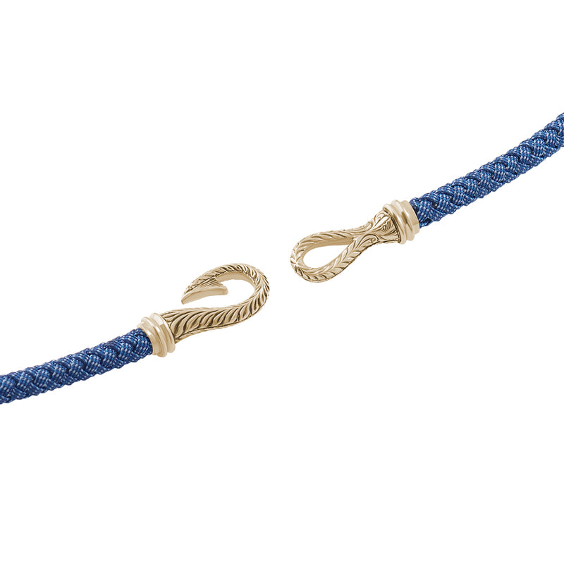 Men's Real Gold Hand-carved Fish Hook Blue Cotton Wrap Bracelet