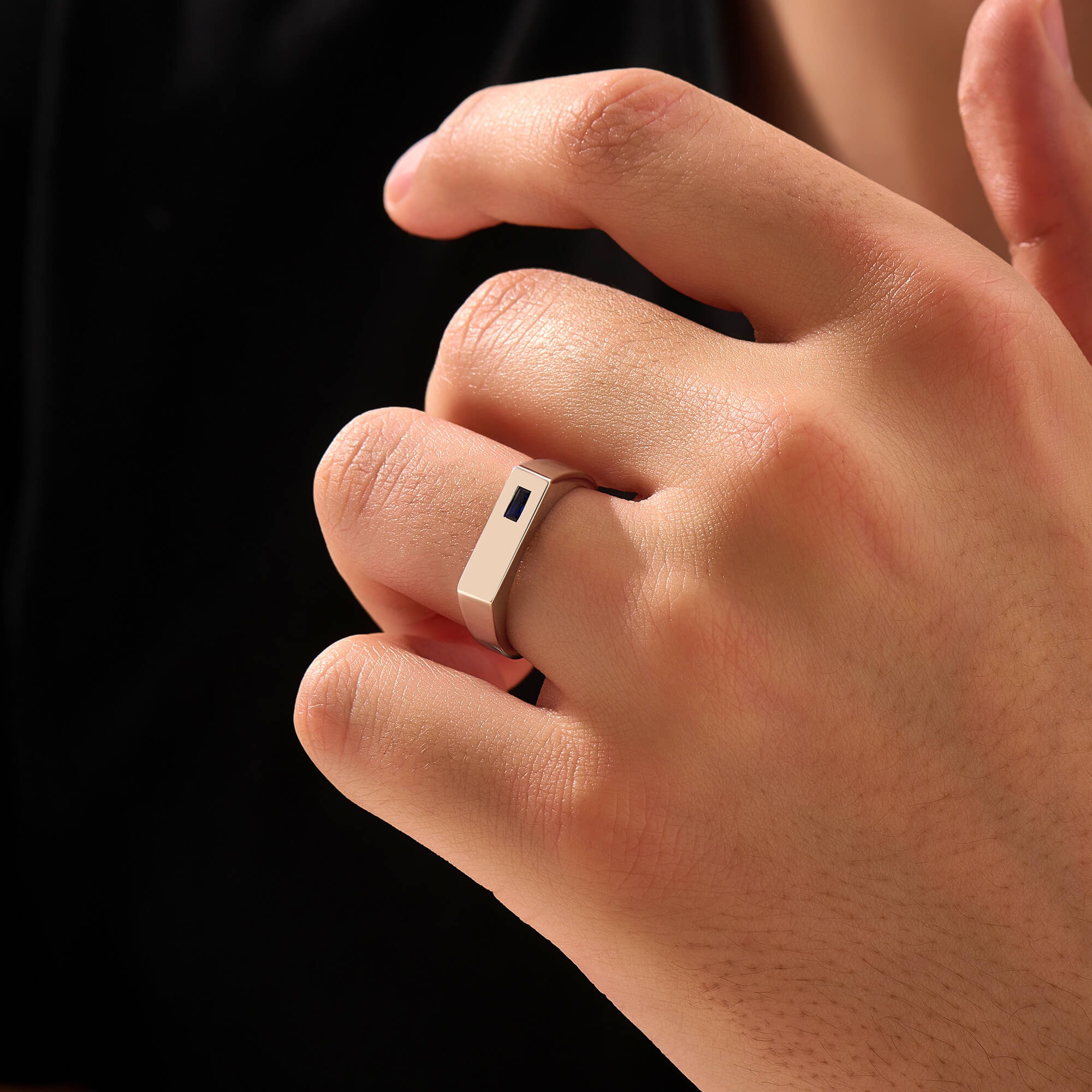 Men's Solid Silver Sapphire Bar Signet Ring