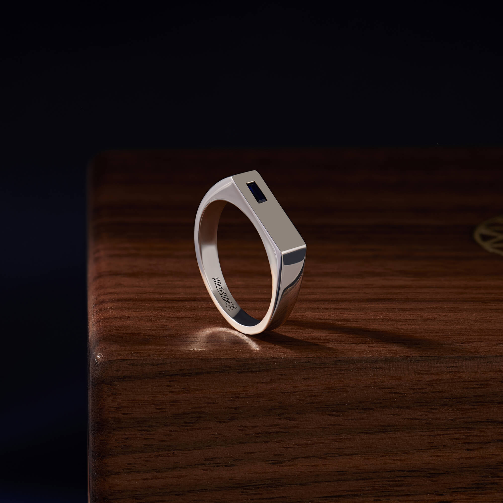 Sapphire Stone Bar Signet Ring in Solid 925 Silver