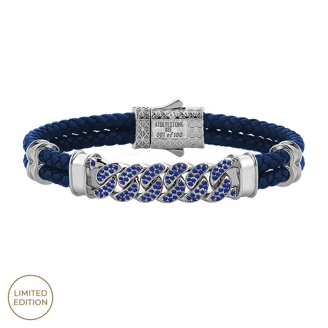 Men's Sapphire Pave Blue Leather Cuban Links Bracelet