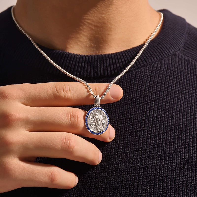 Men's Sapphire St. Christopher Pendant in 925 Silver