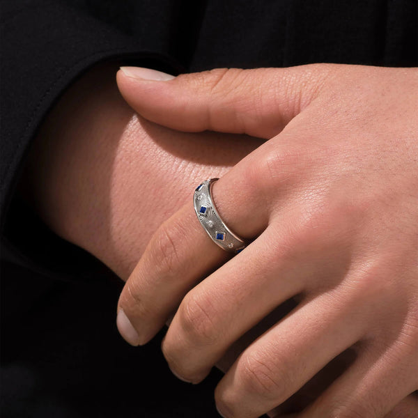 Men's Limited Edition Sapphire Sunbeam Band Ring in Solid Silver