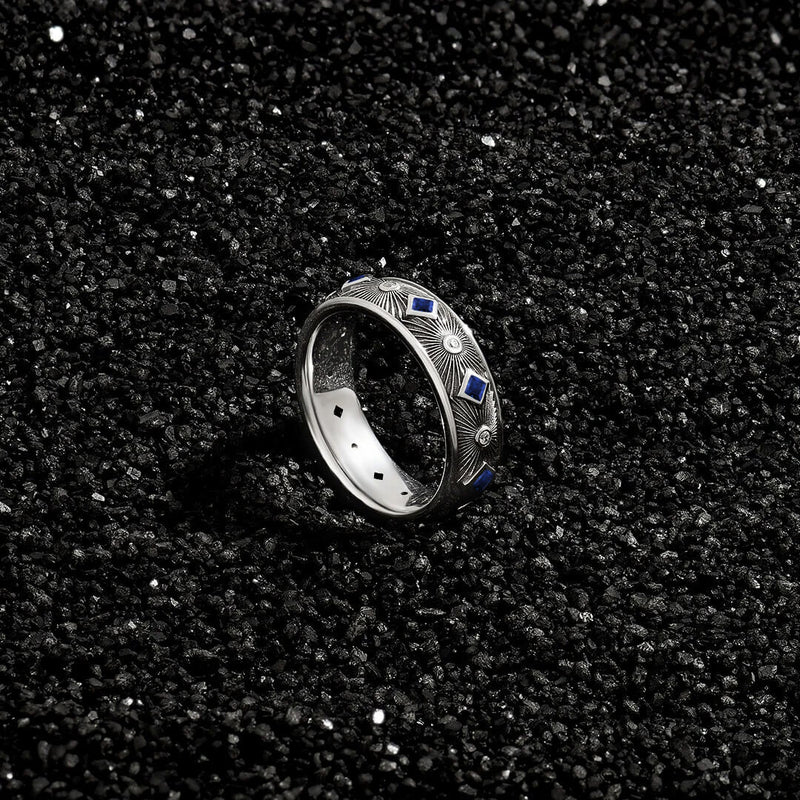 Atolyestone Limited Edition Solid Silver Sunbeam Band Ring with Sapphire