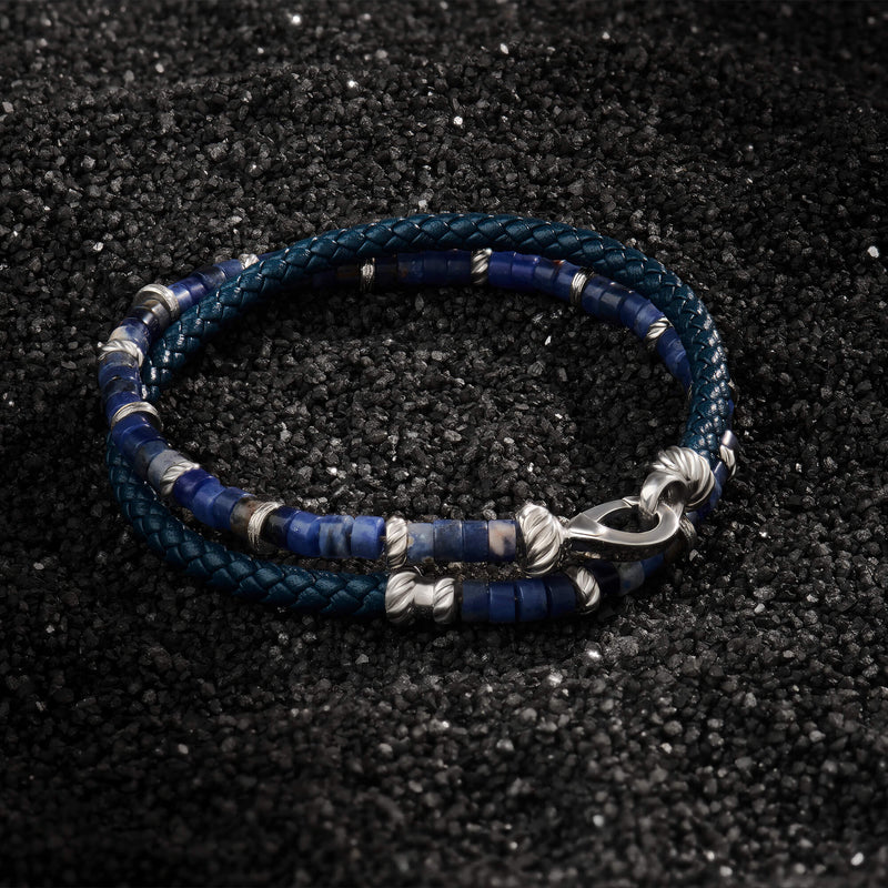 Navy Leather and Sodalite Heishi Beaded Wrap Bracelet