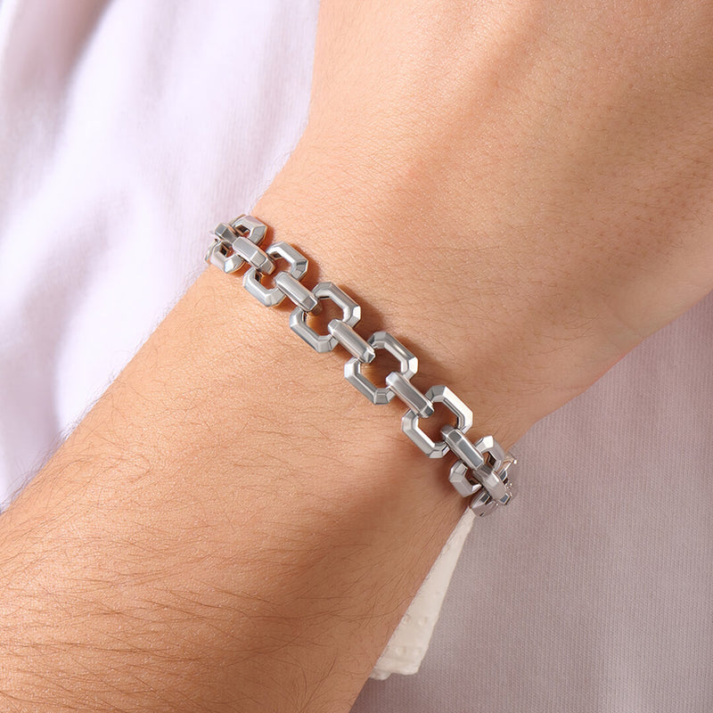 Men's Square Link Chain Bracelet in Solid Silver