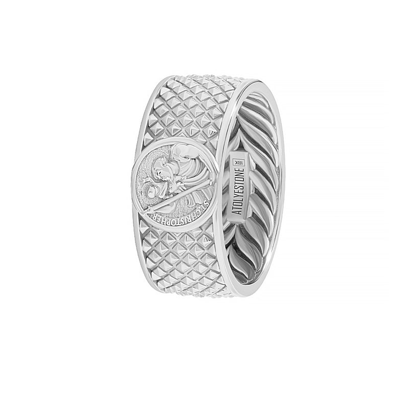 Men's Real White Gold St. Christopher Pyramid Band Ring