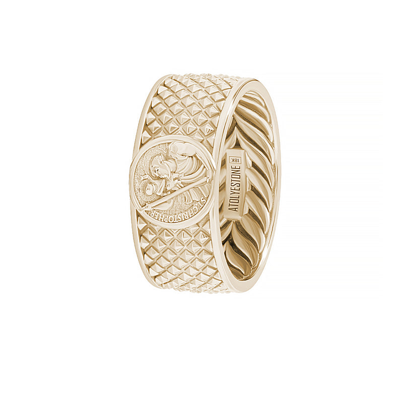 Men's Real Yellow Gold St. Christopher Pyramid Band Ring