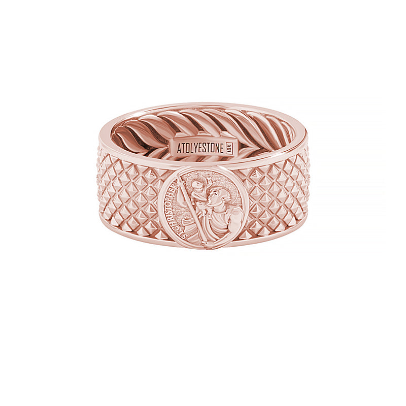 Men's Solid Rose Gold St. Christopher Pyramid Band Ring