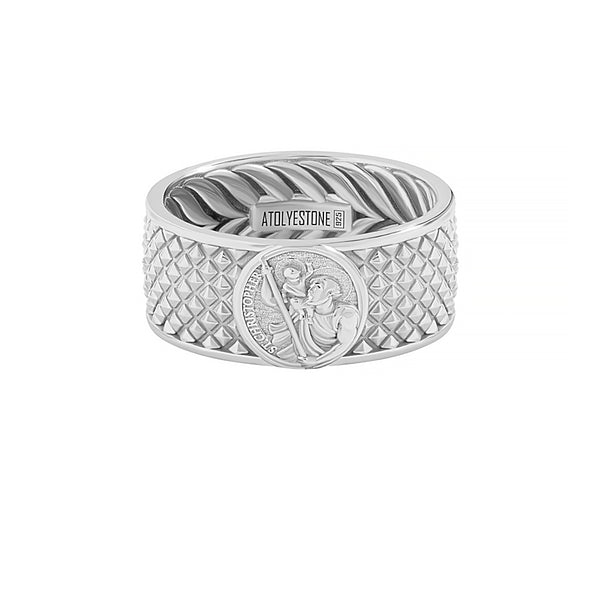 Men's 925 Solid Silver St. Christopher Pyramid Band Ring