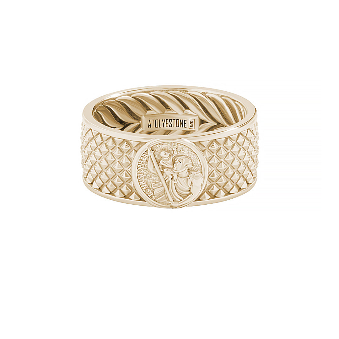 Men's Solid Yellow Gold St. Christopher Pyramid Band Ring