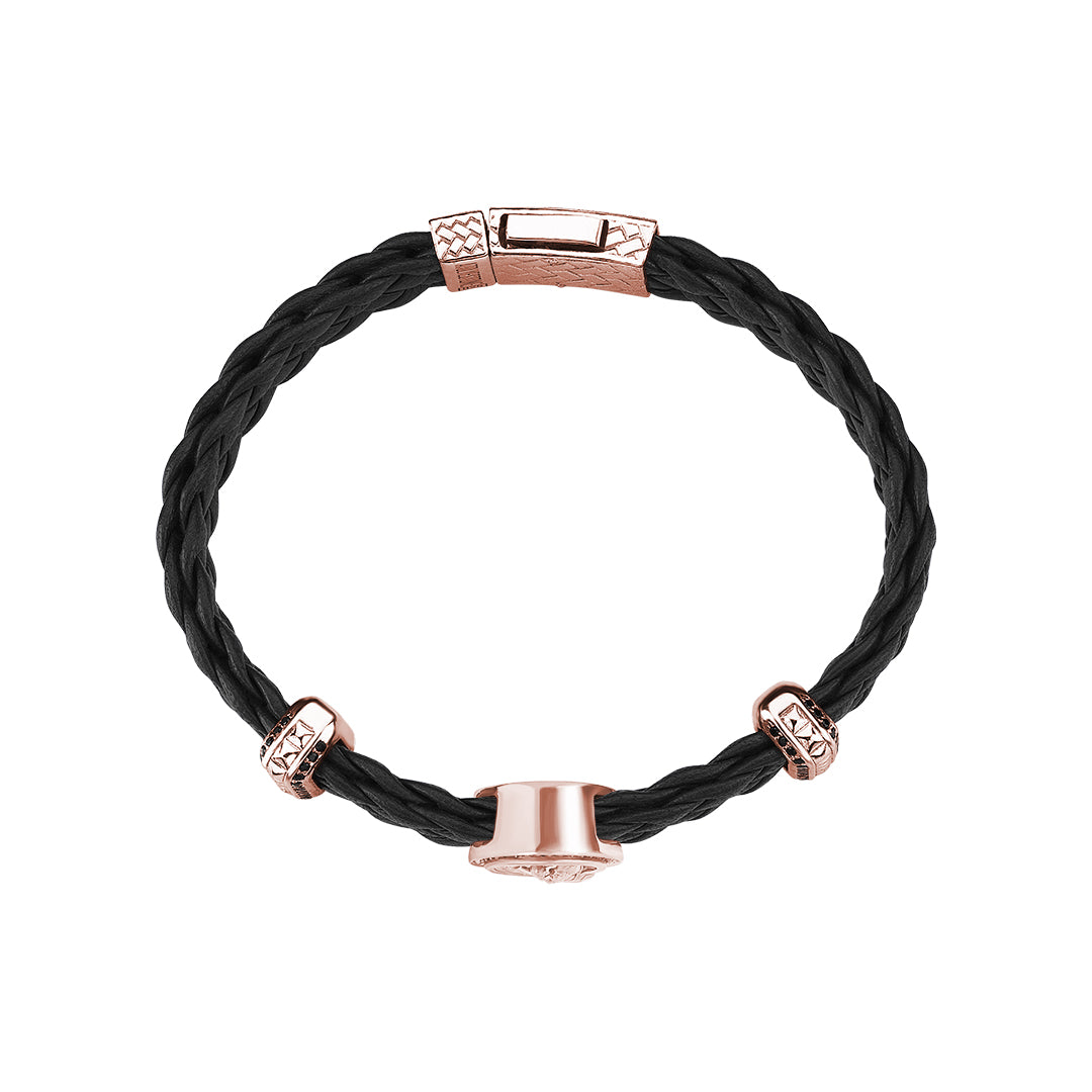 Men's Saint Christopher Black Leather Bracelet in Real Rose Gold