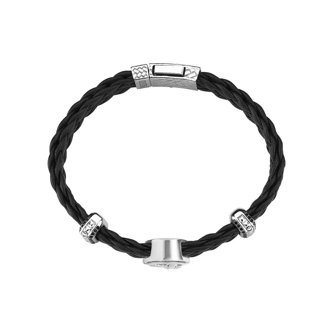 Men's Premium Black Leather Saint Christopher Bracelet in 925 Sterling Silver