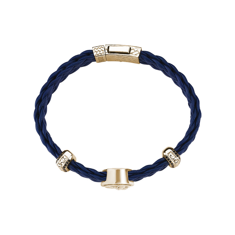 Men's Saint Christopher Blue Leather Bracelet in Real Yellow Gold