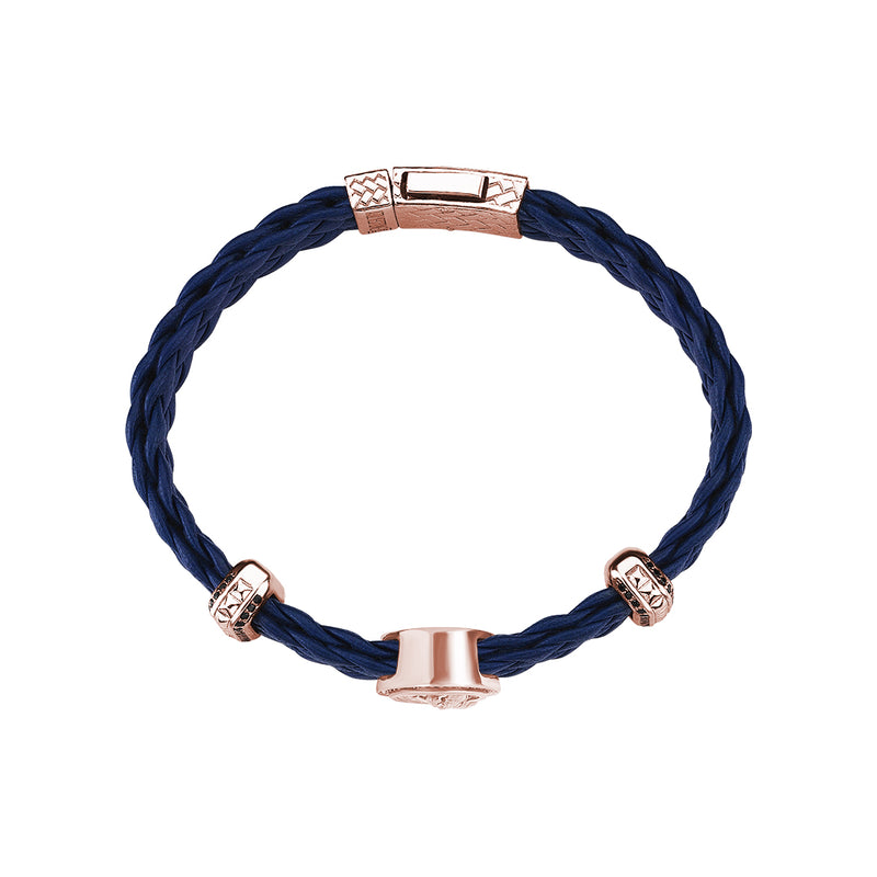 Men's Saint Christopher Blue Leather Bracelet in Real Rose Gold
