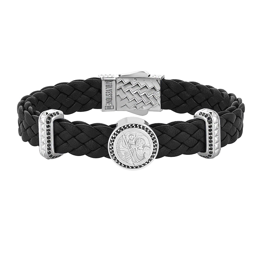 Men's Solid White Gold 0.44 ct Black Diamond Pave St. Christopher Black Leather Bracelet