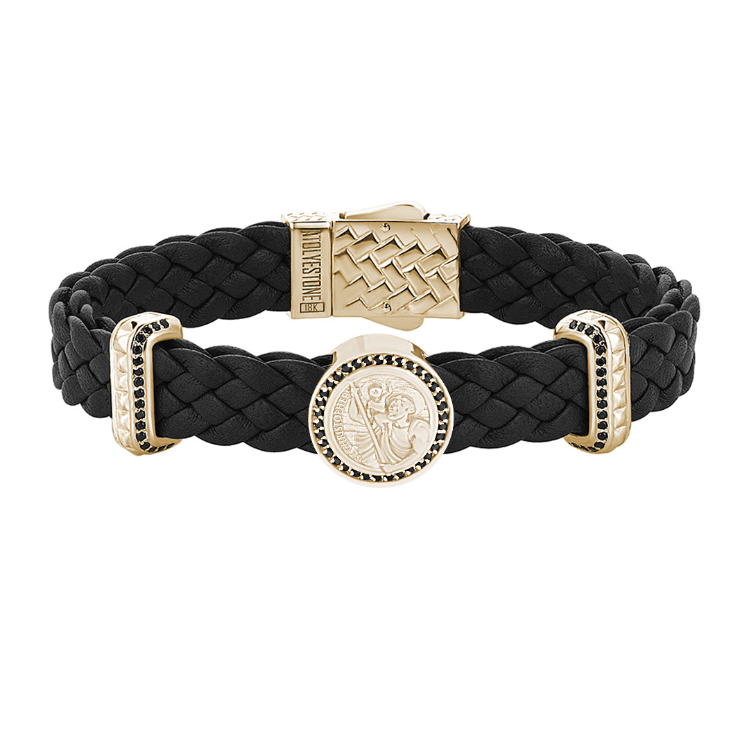 Men's Solid Yellow Gold St. Christopher Black Leather Bracelet