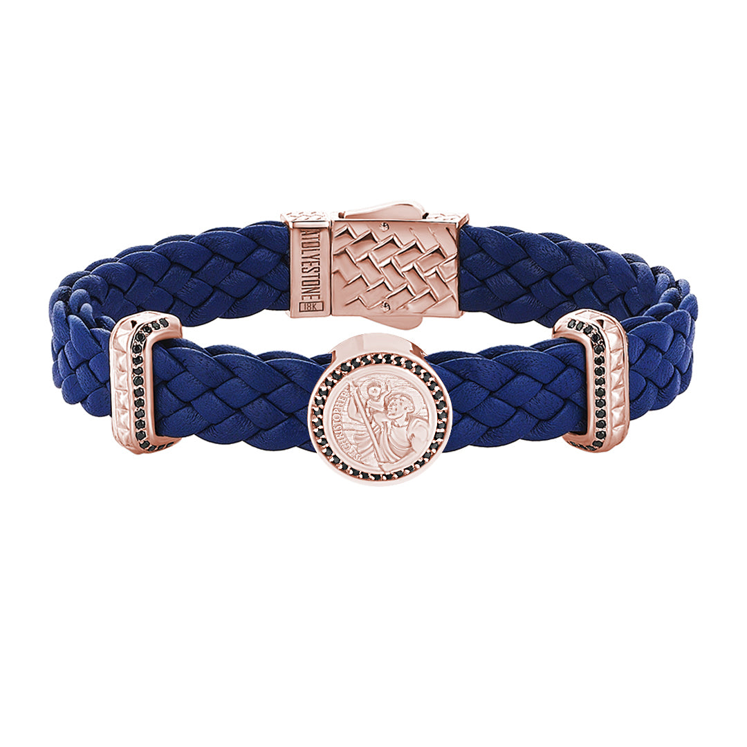 Men's Solid Rose Gold 0.44 ct Black Diamond Pave St. Christopher Blue Leather Bracelet