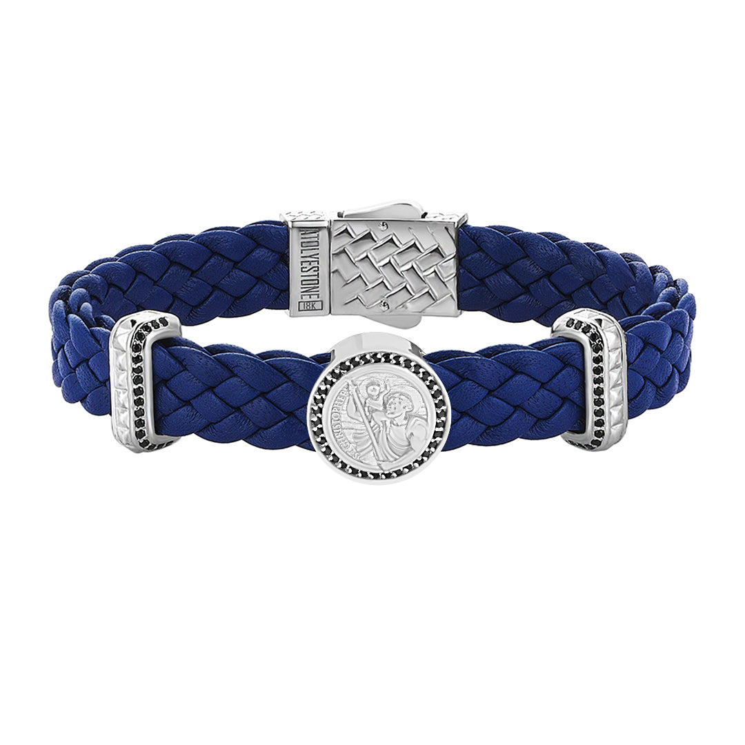 Men's Solid White Gold St. Christopher Blue Leather Bracelet