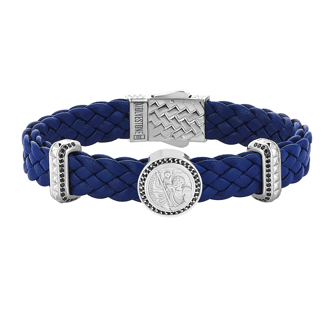 Men's Solid White Gold 0.44 ct Black Diamond Pave St. Christopher Blue Leather Bracelet