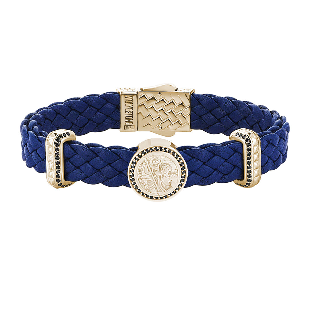 Men's Solid Yellow Gold 0.44 ct Black Diamond Pave St. Christopher Blue Leather Bracelet