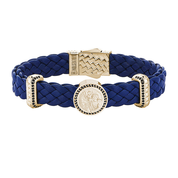 Men's Saint Christopher Blue Leather Bracelet in Solid Silver - Yellow Gold