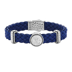 Men's Saint Christopher Blue Leather Bracelet in Solid Silver
