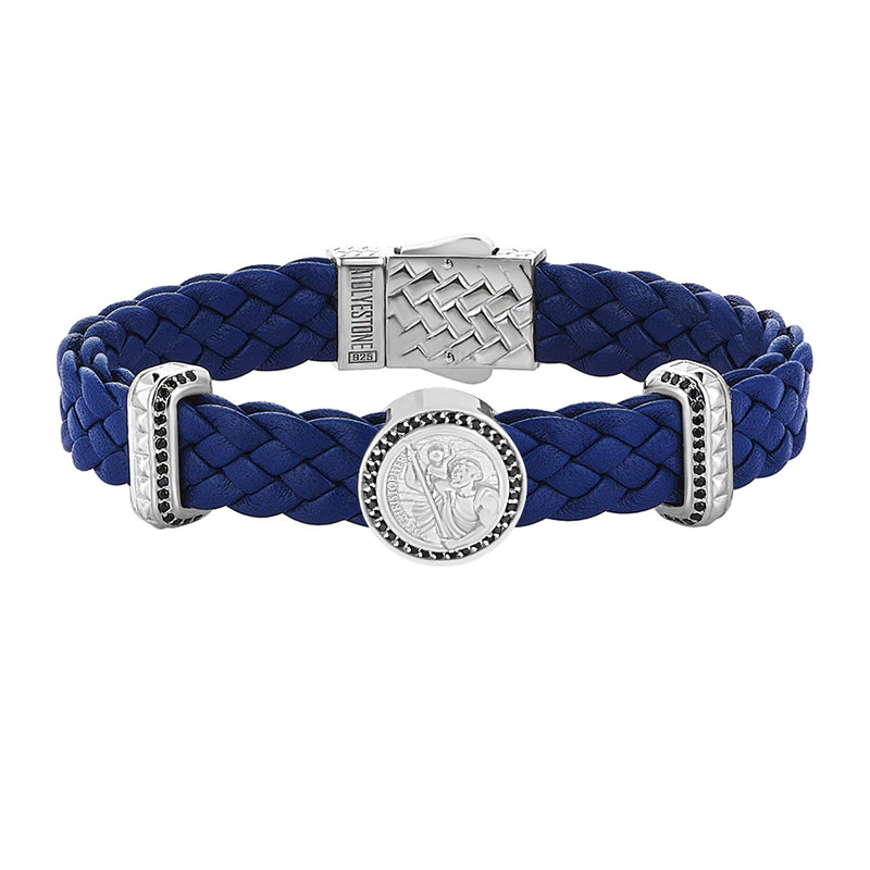 Men's Saint Christopher Blue Leather Bracelet in Solid Silver