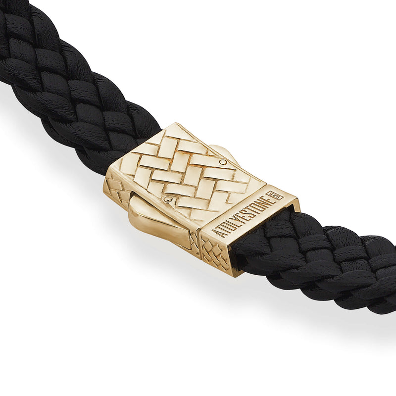 Saint Christopher Leather Bracelet in 925 Sterling Silver - Black & Yellow Gold