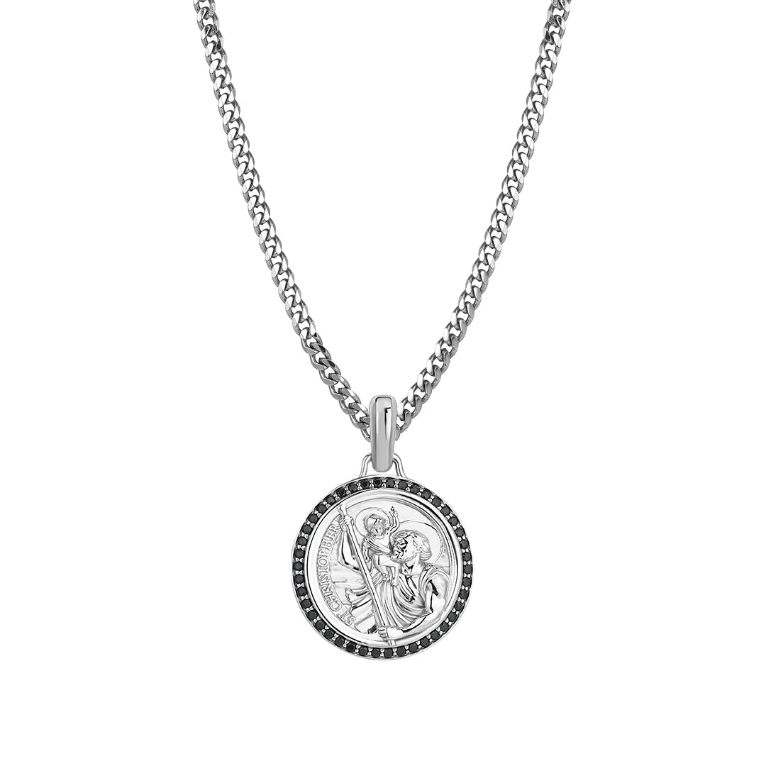 925 Sterling Silver 0.21ctw Black Diamond St. Christopher Necklace with Cuban Links Chain