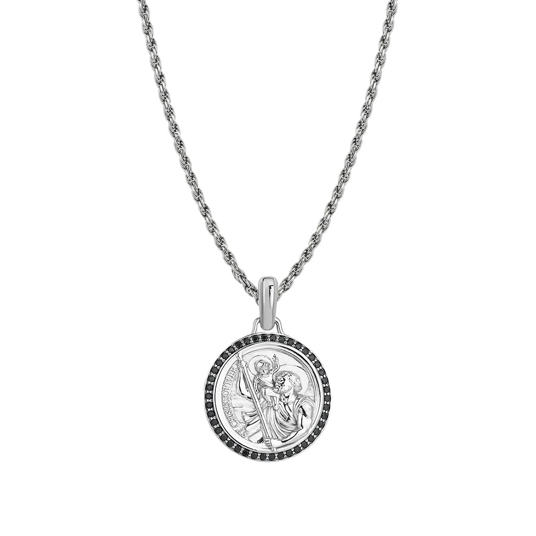 925 Sterling Silver 0.21ctw Black Diamond St. Christopher Necklace with Rope Chain