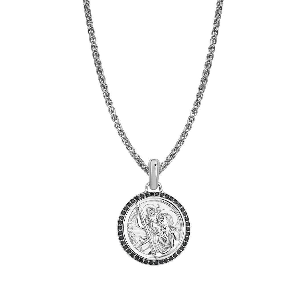 925 Sterling Silver 0.21ctw Black Diamond St. Christopher Necklace with Wheat Chain
