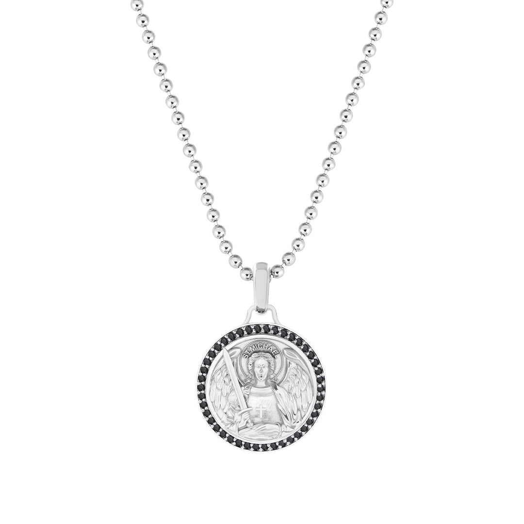 St. Michael Pendant in Solid White Gold - Pave Black Diamond