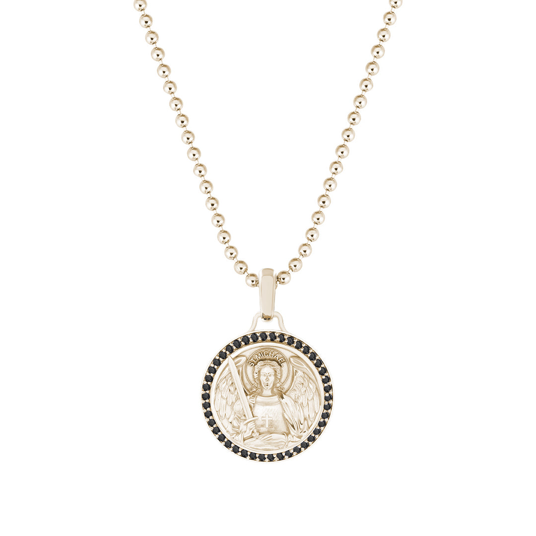 St. Michael Pendant in Solid Yellow Gold - Pave Black Diamond
