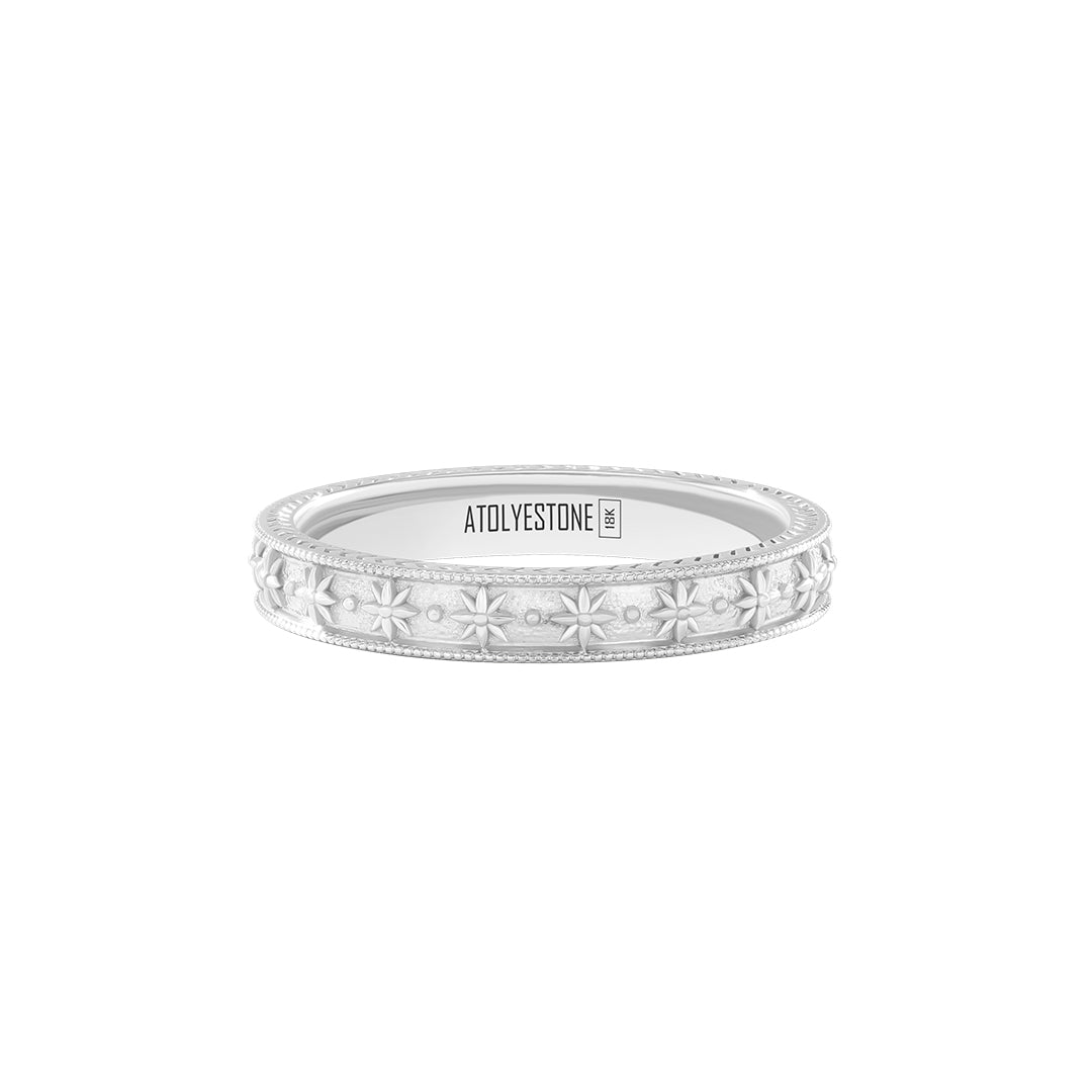 Star-Etched Milgrain Band Ring in Solid White Gold