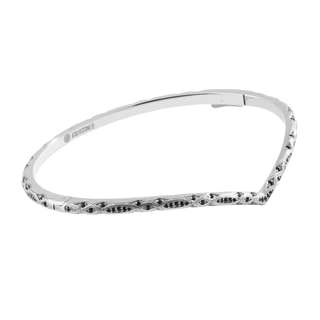 Men's Real Gold Streamline Curve Bangle - White Gold & Black Cubic Zirconia