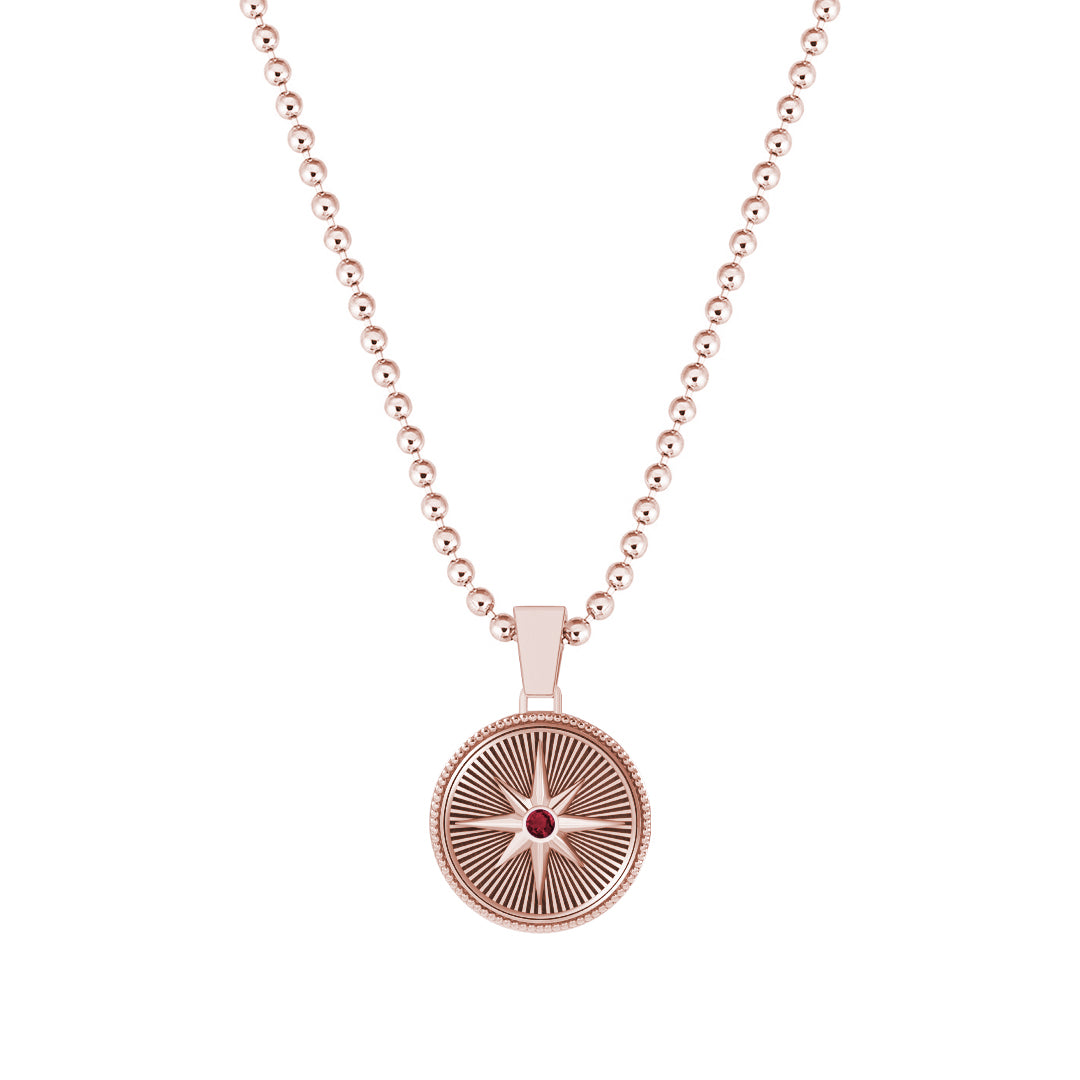 Sunburst Compass Pendant in Solid Rose Gold - Paved Ruby