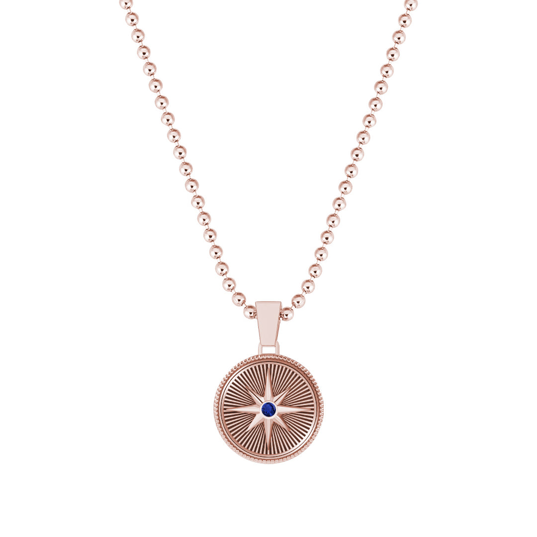 Sunburst Compass Pendant in Solid Rose Gold - Paved Sapphire