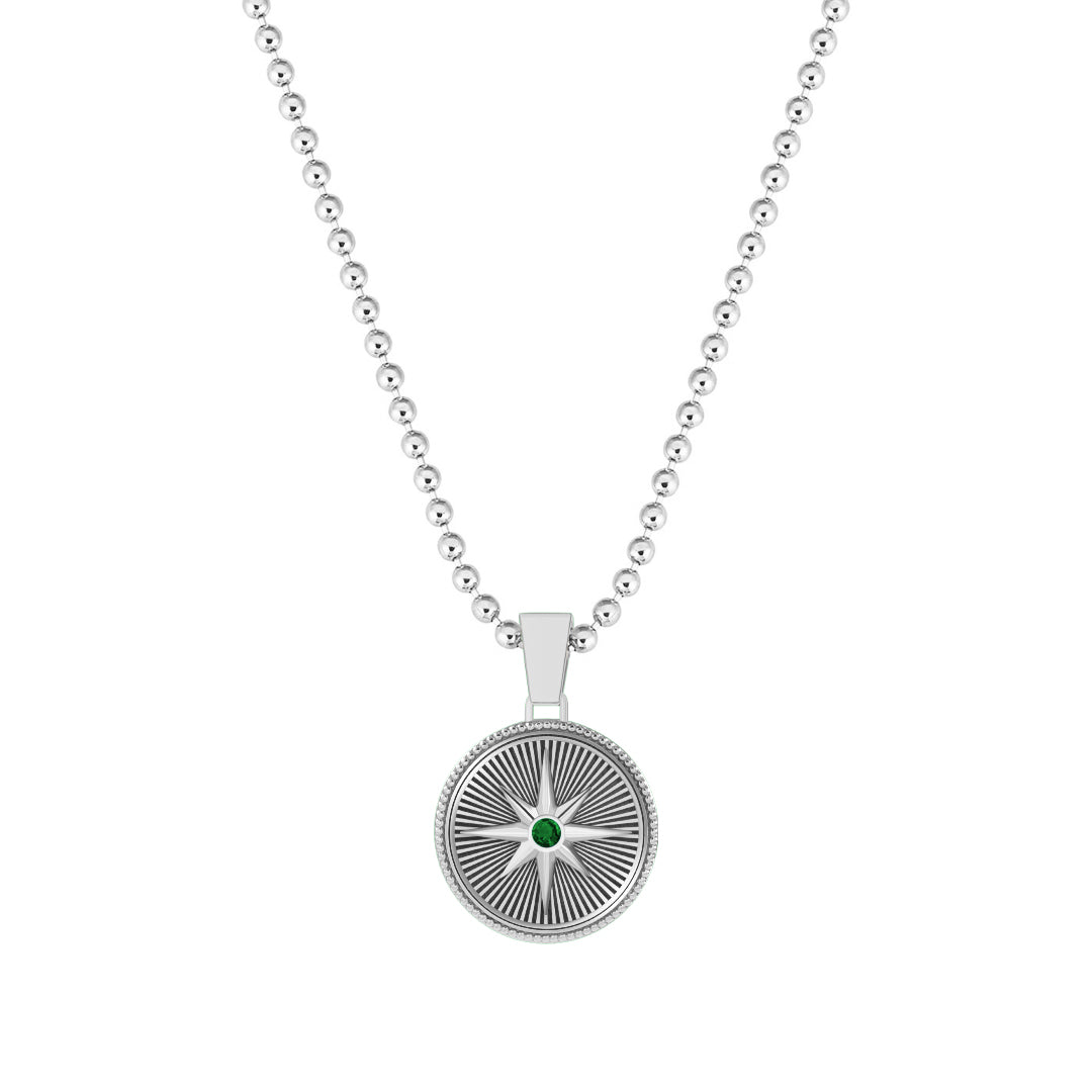 Sunburst Compass Pendant in Solid White Gold - Paved Emerald