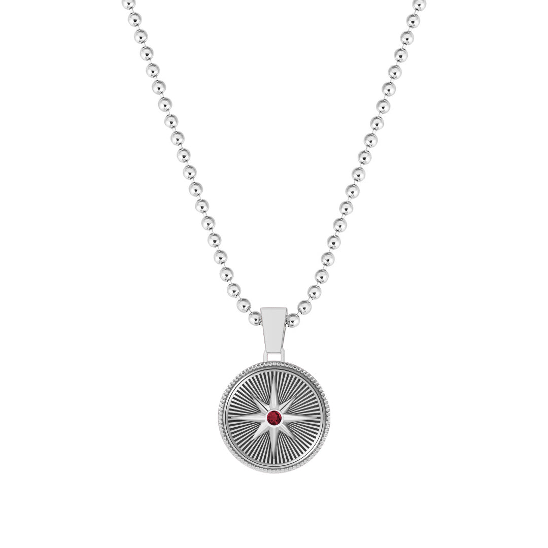 Sunburst Compass Pendant in Solid White Gold - Paved Ruby