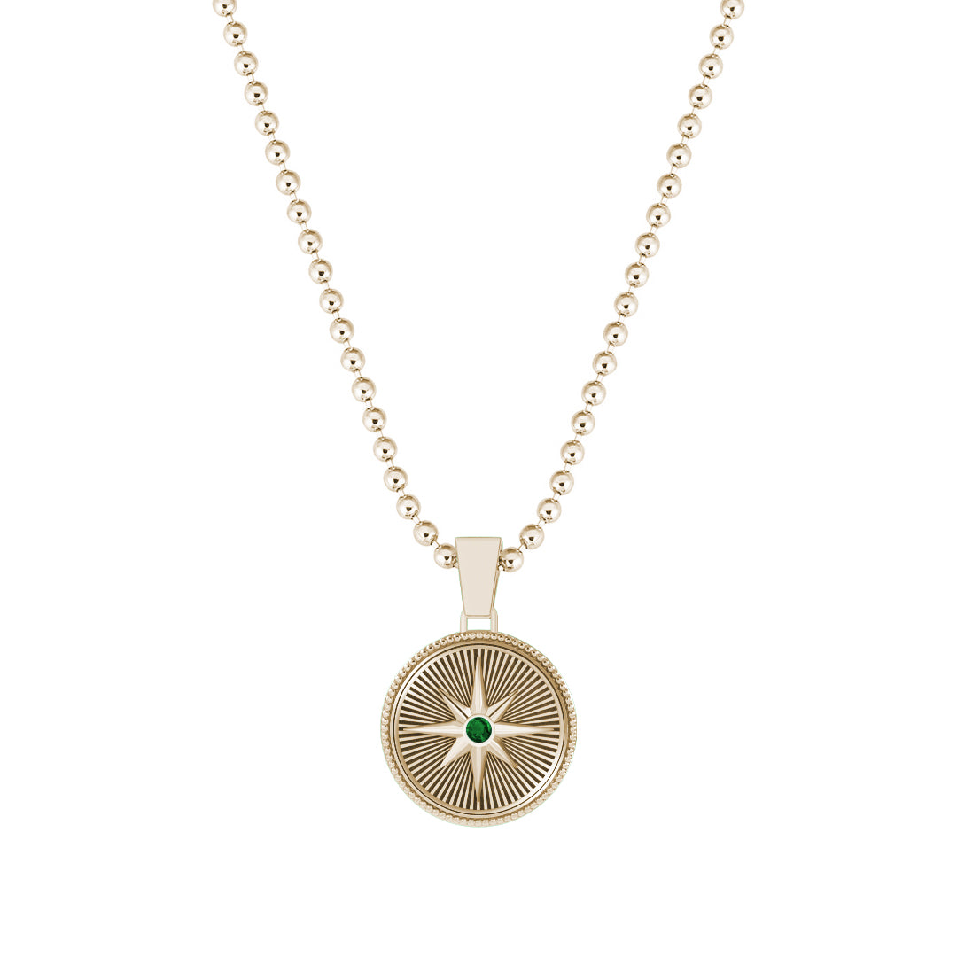 Sunburst Compass Pendant in Solid Yellow Gold - Paved Emerald