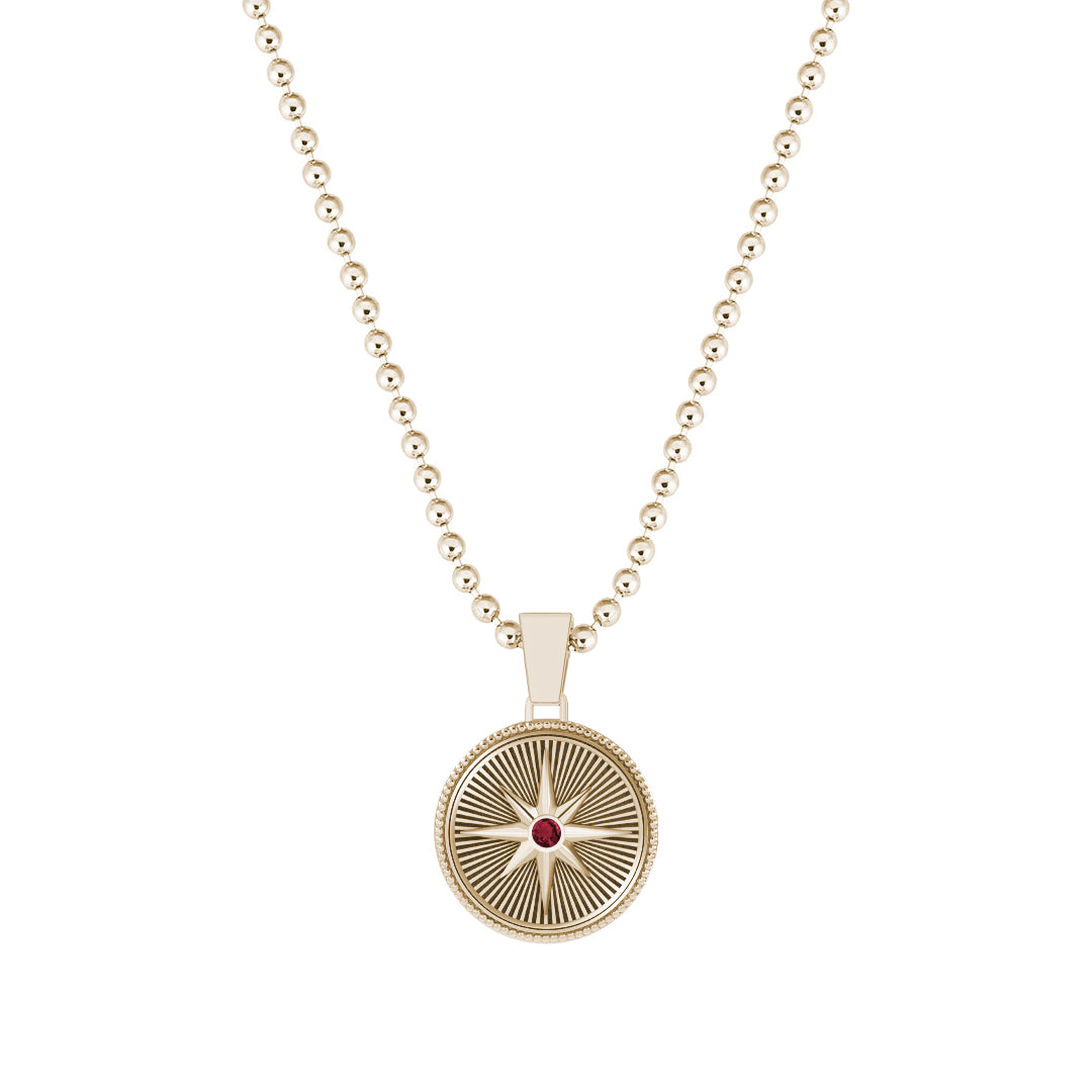 Sunburst Compass Pendant in Solid Yellow Gold - Paved Ruby