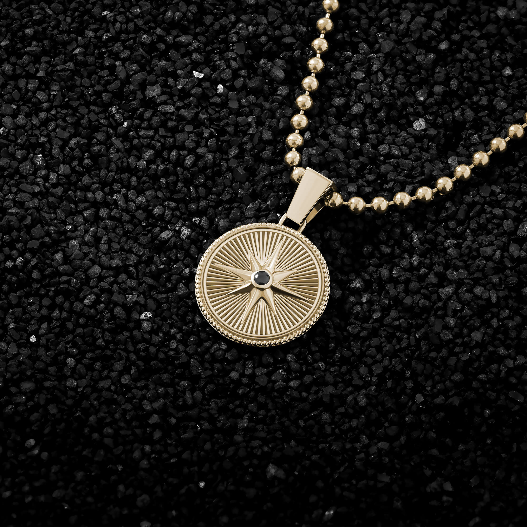 Sunburst Design Etched Compass Pendant in Solid Gold