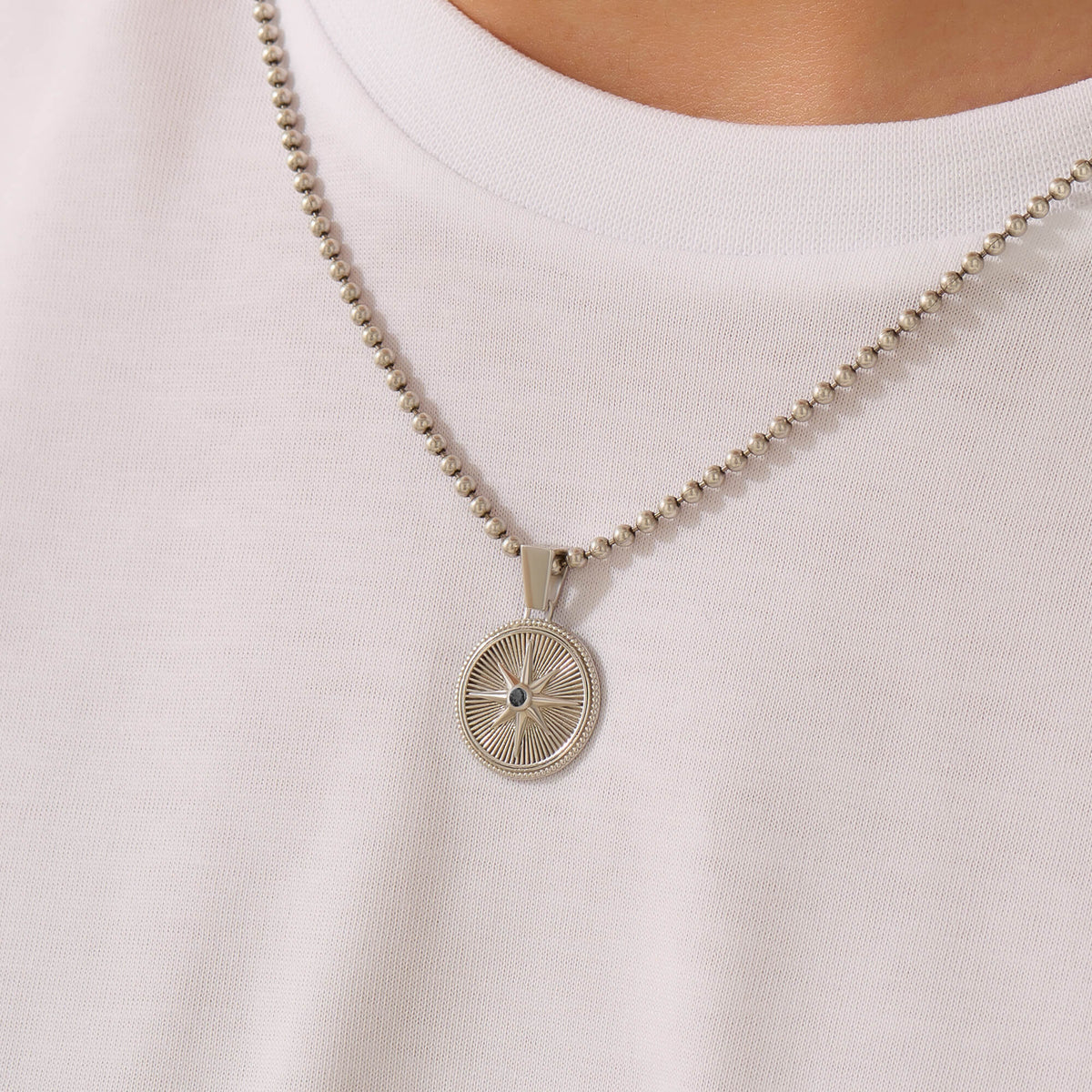 Men's Sunburst Compass Pendant in Solid Silver